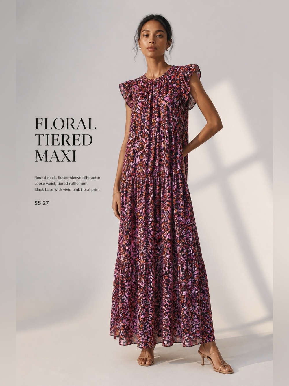 MELLODAY Floral Smocked Maxi Dress in Brown and Pink